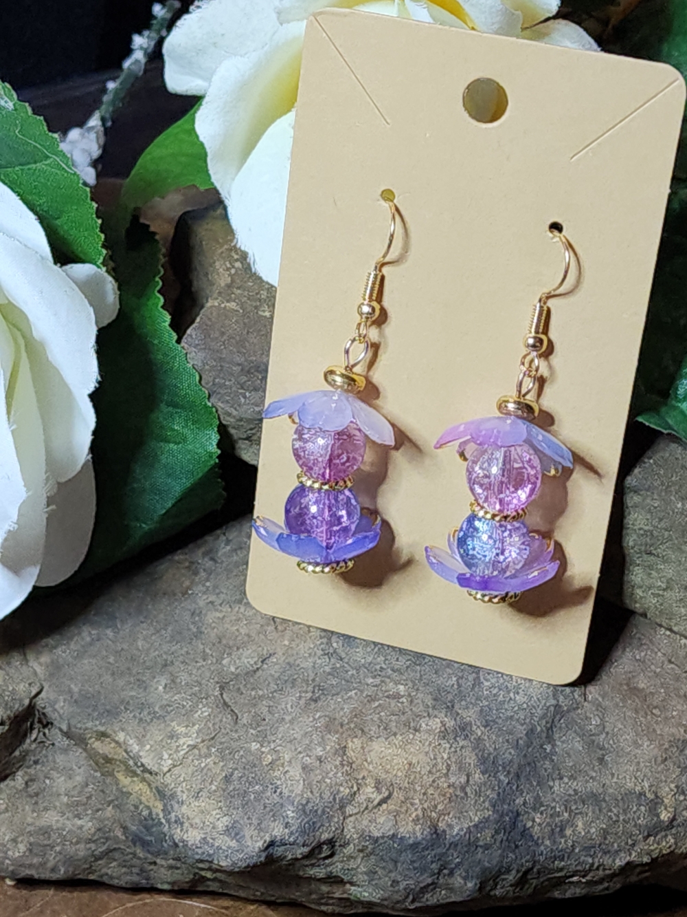 Purple Iridescent Floral With Crackled Glass Beads Dangle Drop Earrings